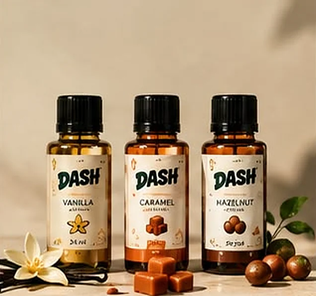 DASH Vanilla, Caramel ve Hazelnut marka şişeleri