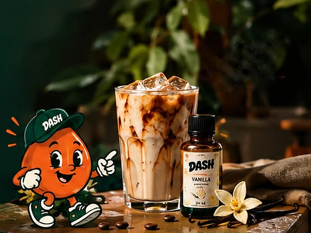 Buzlu vanilyalı latte, DASH Vanilla ve parmağıyla işaret eden DASH maskotu